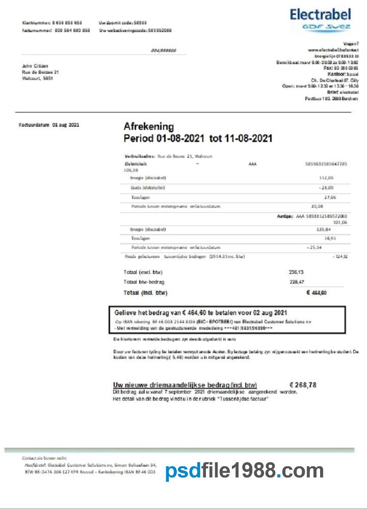 Belgium Electrabel Electricity Utility Bill